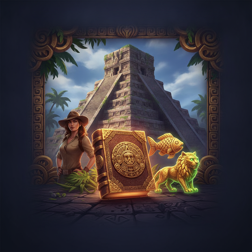 Book of Aztec Slot mit aztekischer Pyramide, goldenem Buch-Symbol und Schatzjägerin vor antikem Steintempel