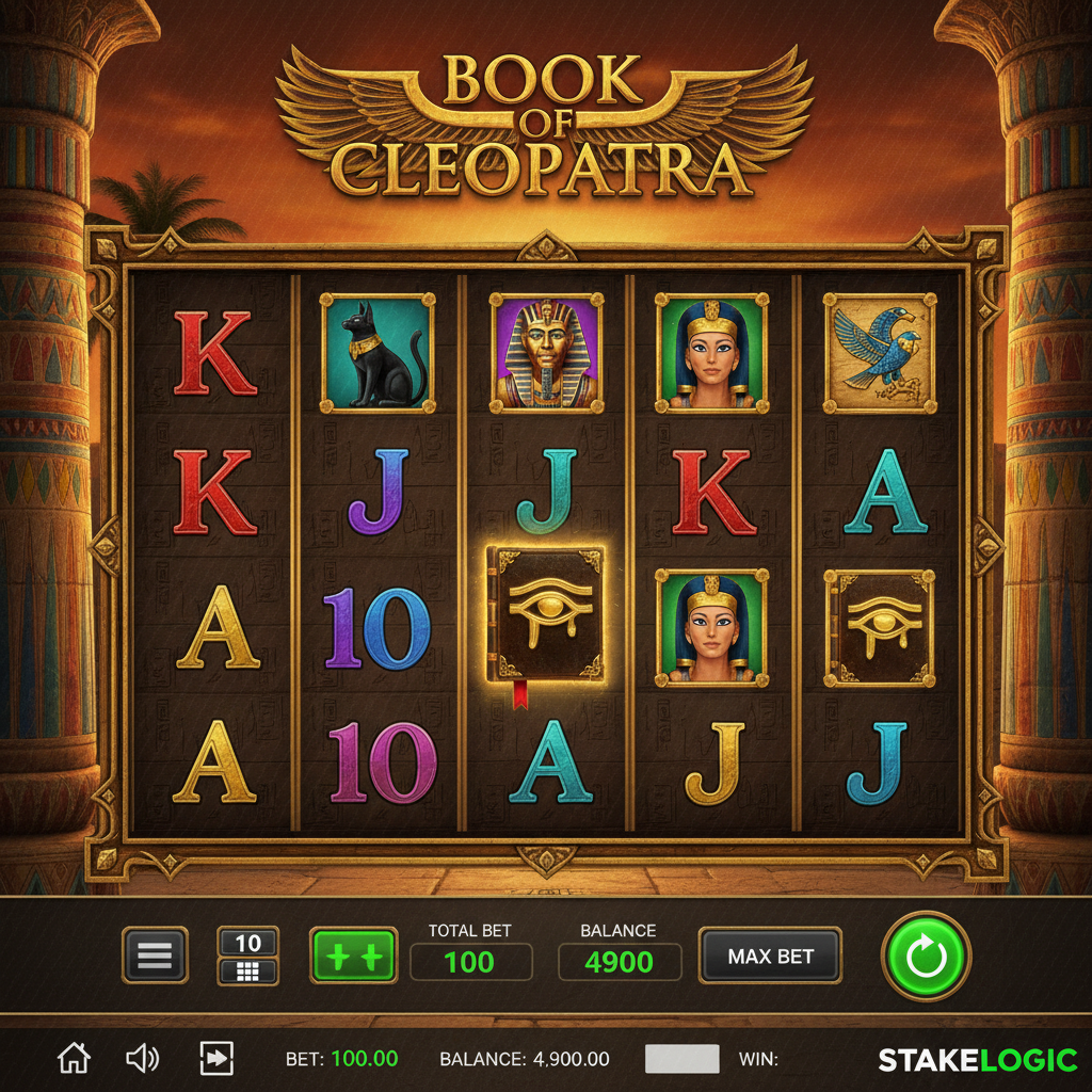 Book of Cleopatra Spielautomat mit altägyptischem Tempel, goldenen Hieroglyphen, Kleopatra-Symbol, Pharao, Anubis-Katze und mystischem Buch als Wild-Scatter