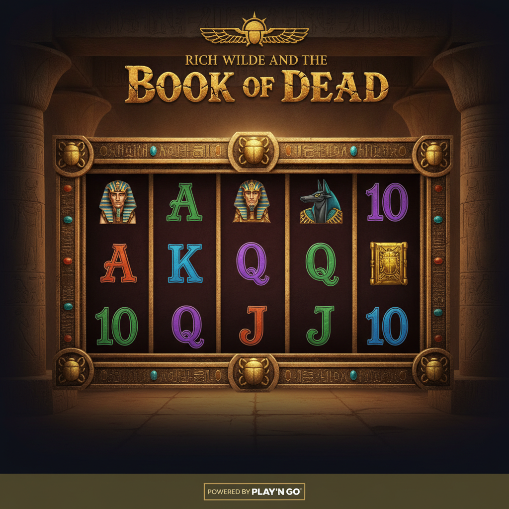 Rich Wilde and the Book of Dead Video-Slot mit antiken ägyptischen Symbolen, goldenem Tempel-Hintergrund, fünf Walzen und Pharao-, Anubis- und Horus-Gottheiten auf dunkelmarmornem Spielfeld