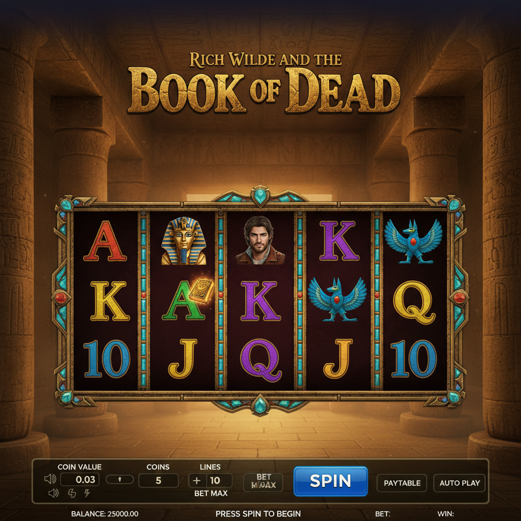 Rich Wilde and the Book of Dead Spielautomat mit ägyptischem Tempel, goldenen Säulen, Hieroglyphen und Pharao-Symbolen