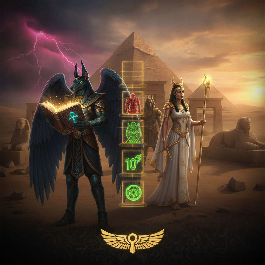Book of Gates Slot zeigt altägyptische Götter Anubis und Isis vor Pyramiden mit goldenem Buch der Pforten, expandierende Walzen und mystische Symbole