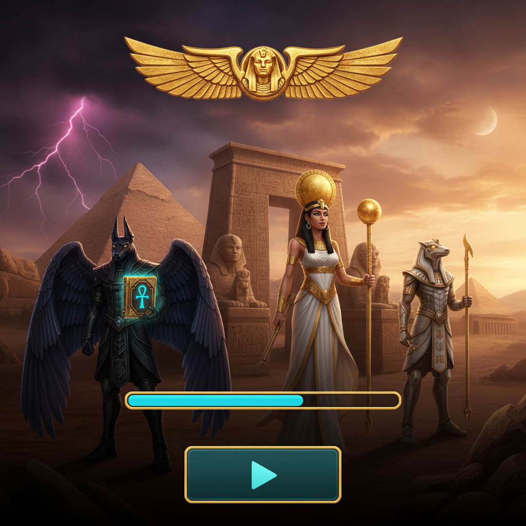 Book of Gates Slot – ägyptischer Gott Anubis mit Flügeln, goldenes Book of Gates Buch, Pyramiden und mystische ägyptische Gottheiten bei Gewitter