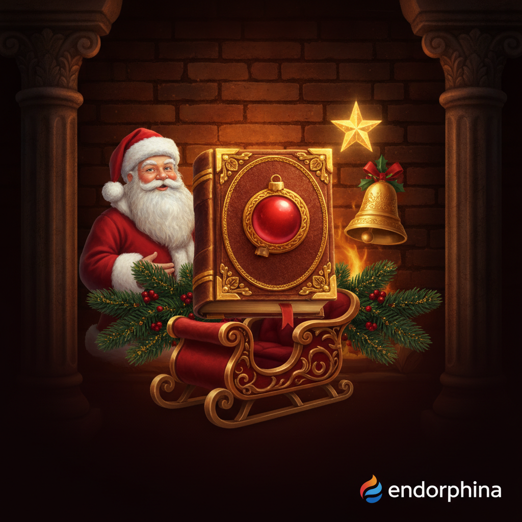 Book of Santa Slot mit Weihnachtsmann, goldenem Buch, Glocken und Schlitten auf festlichem Hintergrund