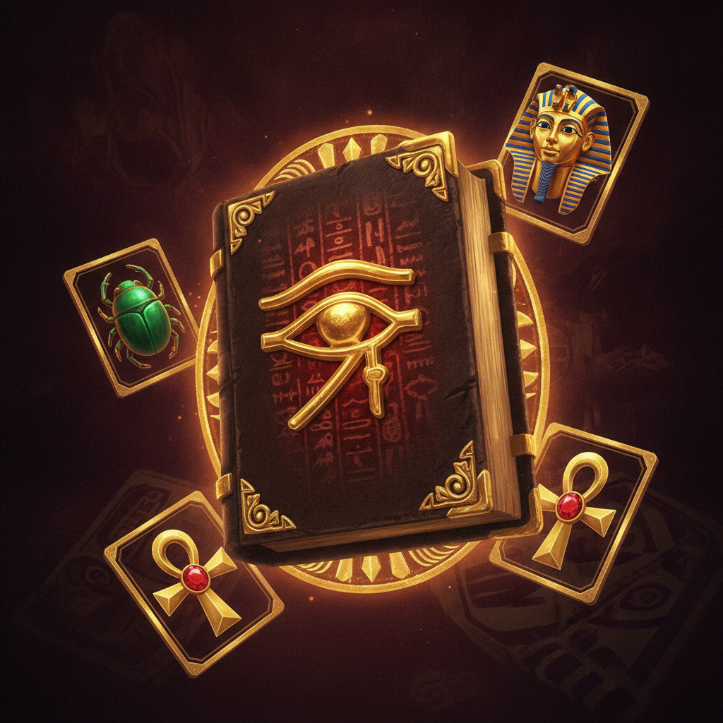 Book of Secrets Slot – Antikes goldenes Buch mit Auge des Horus auf dunkelbraunem Ledereinband, ägyptische Hieroglyphen, Tutanchamun Goldmaske, grüner Skarabäuskäfer, Ankh-Kreuz mit rotem Edelstein