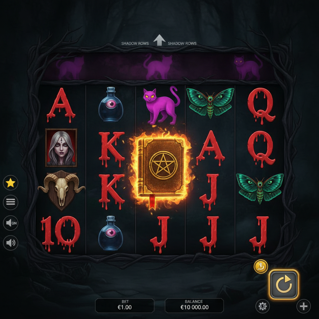 Book of Shadows Slot mit goldenem Pentagramm-Buch, okkulten Symbolen, Hexenportrait, violetter Katze und Schädel auf dunklen Walzen