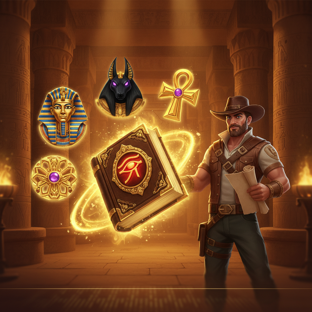Book of the Fallen Slot mit ägyptischem Tempel, Forscher mit Cowboyhut, Pharao, Anubis und goldenem Ankh vor hieroglyphenverziertem Hintergrund