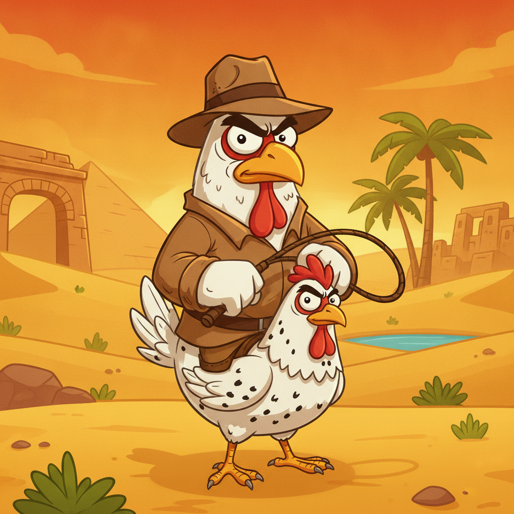 Book of Crazy Chicken Slot – verrücktes Huhn als Entdecker mit Fedora-Hut und Peitsche vor ägyptischer Wüstenlandschaft mit Pyramiden, Palmen und Oase